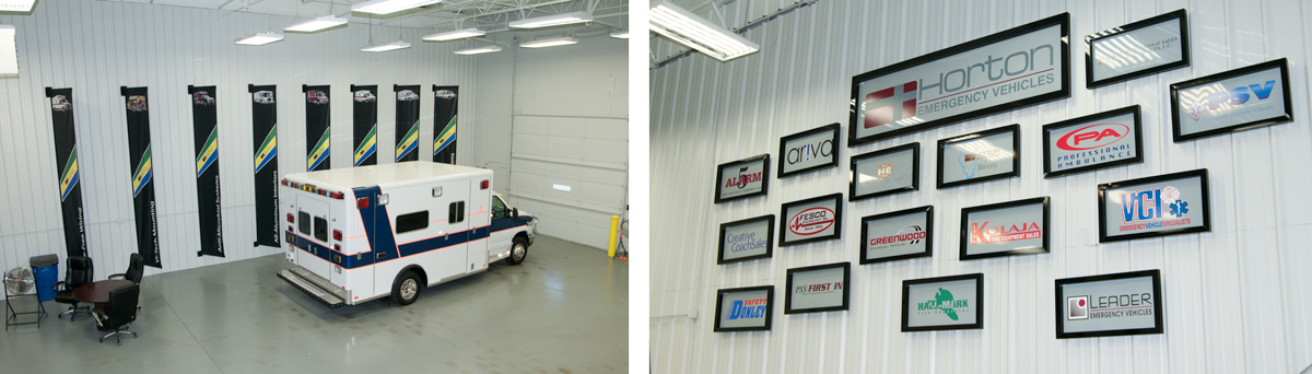 The delivery bay at Horton with banners on the left and dealer logos on the right